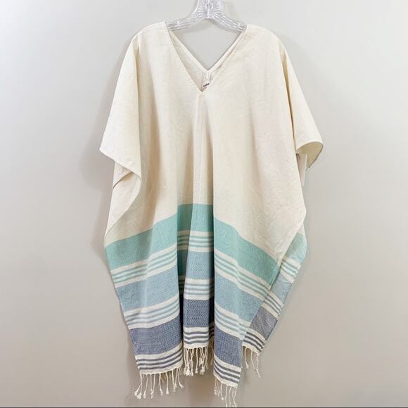 Tribe Alive Fringe Trim V-Neck Striped Cream/Blue Blanket Poncho - Picture 1 of 4